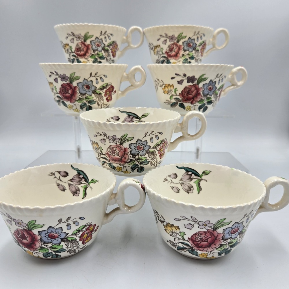 7 Vtg 1940s Spode Copeland England Romney Floral Teacups Grandmacore Country